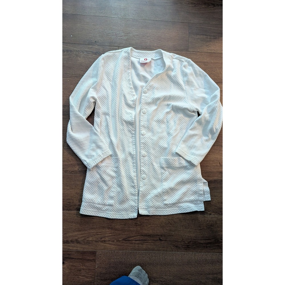 White Cross Womens White Waffle Knit Button Front Medical Scrub Jacket Size S